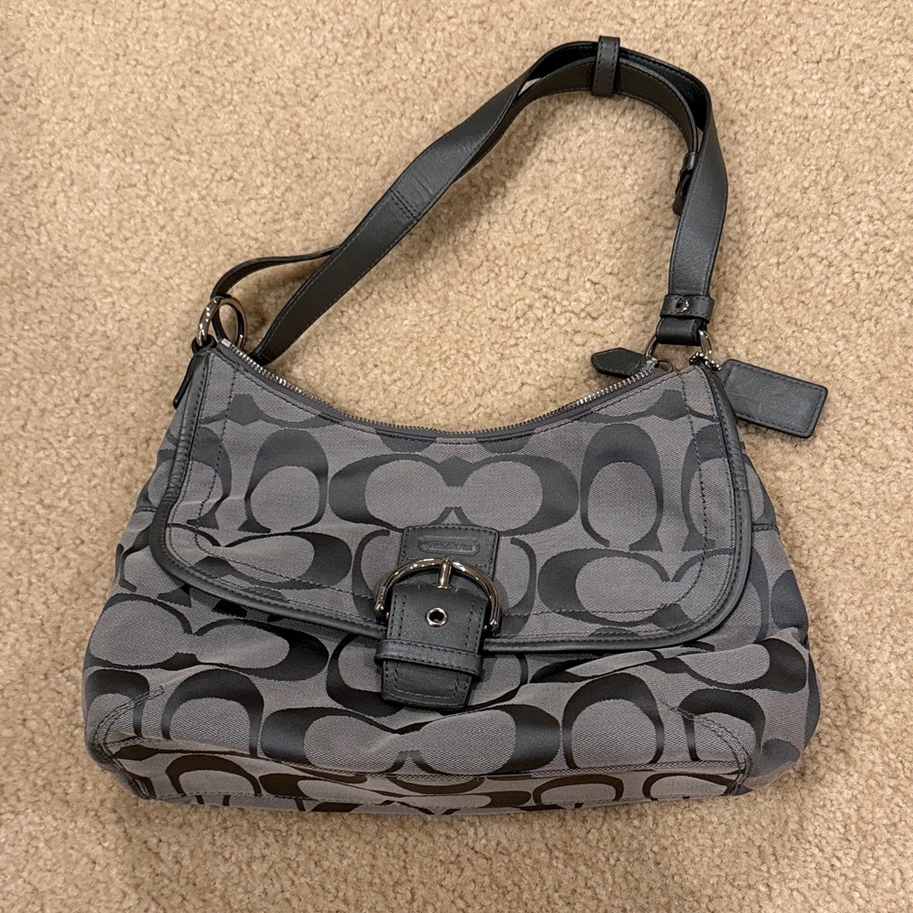Coach Gray Signature Canvas Shoulder Bag with Buckle Flap